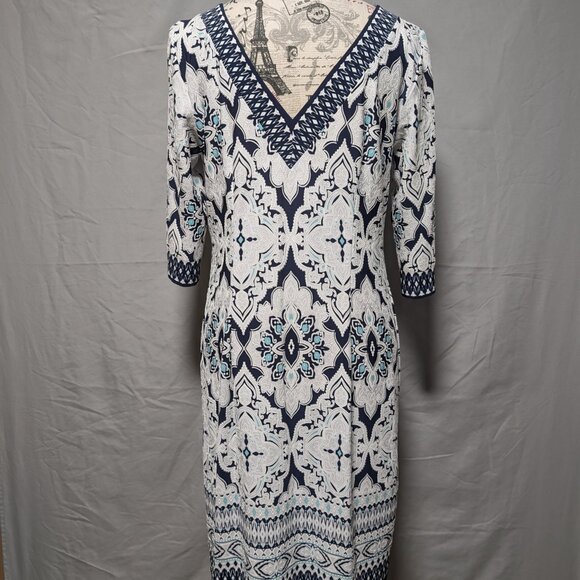 Studio One Women's Navy Blue White Printed Shift Boho Chic Dress Size Medium - Picture 5 of 9